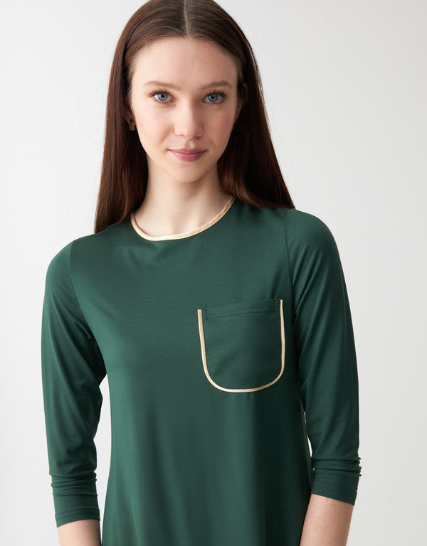 Satin Trimmed Soft Pajama Legging Set with Pocket Green