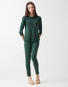 Satin Trimmed Soft Pajama Legging Set with Pocket Green