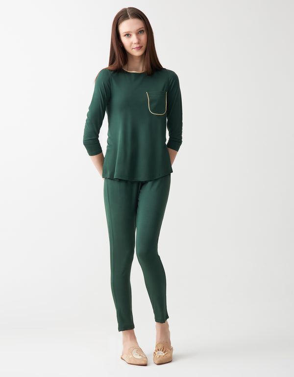 Satin Trimmed Soft Pajama Legging Set with Pocket Green