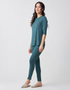 Satin Trimmed Soft Pajama Legging Set with Pocket Teal