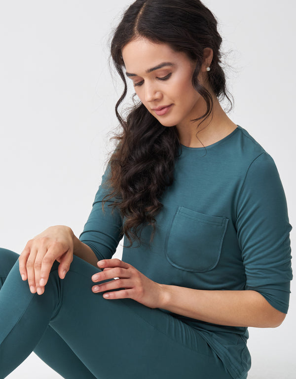 Satin Trimmed Soft Pajama Legging Set with Pocket Teal