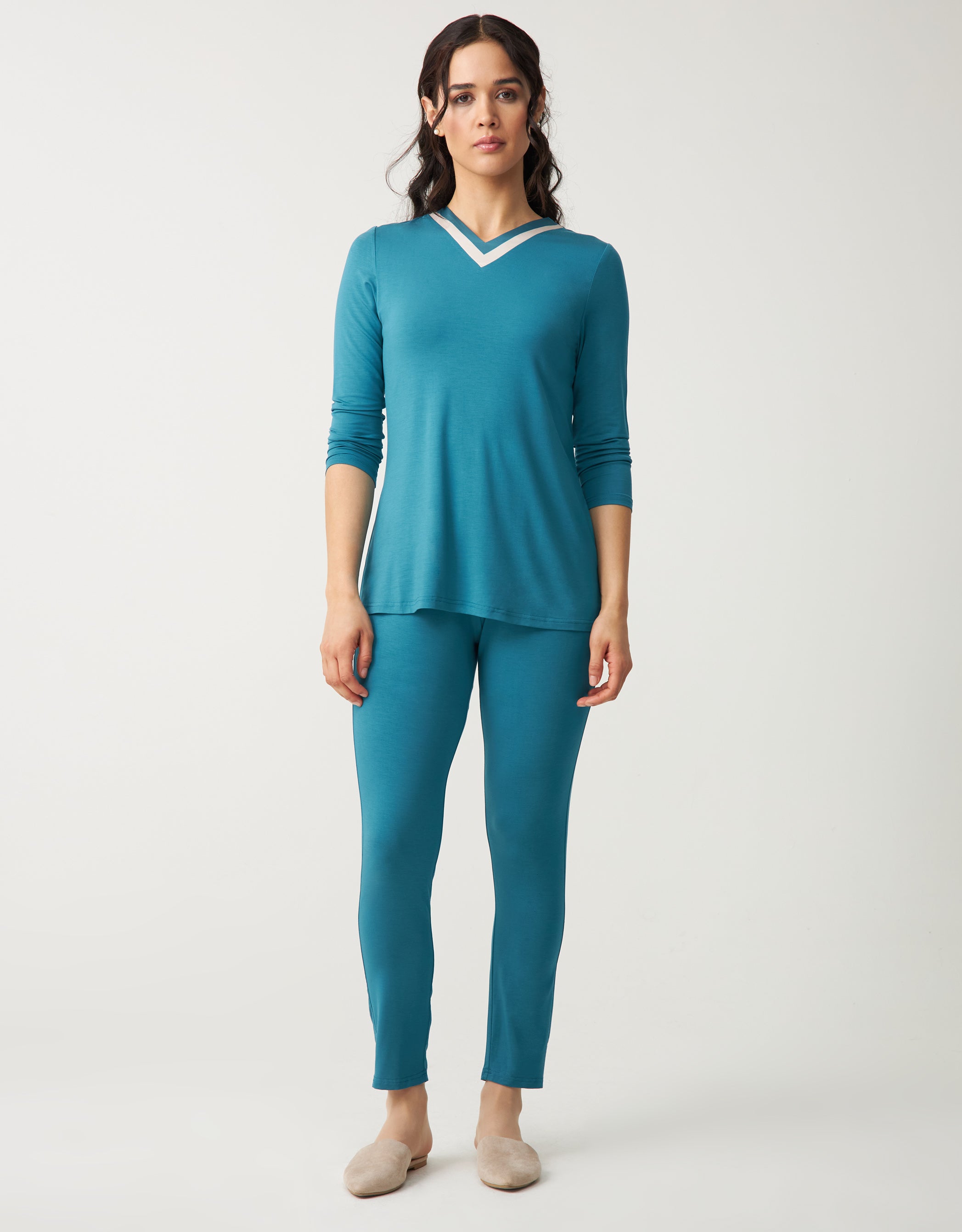 Soft Pajama Legging Set with Satin Vneck Aqua Green