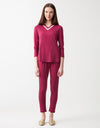 Soft Pajama Legging Set with Satin Trimmed Vneck New Wine