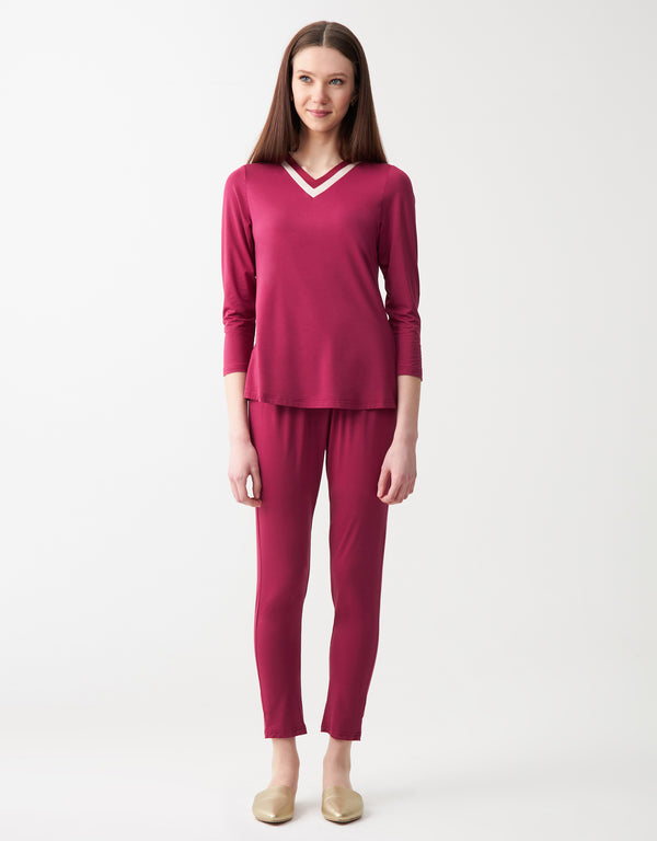 Soft Pajama Legging Set with Satin Trimmed Vneck New Wine
