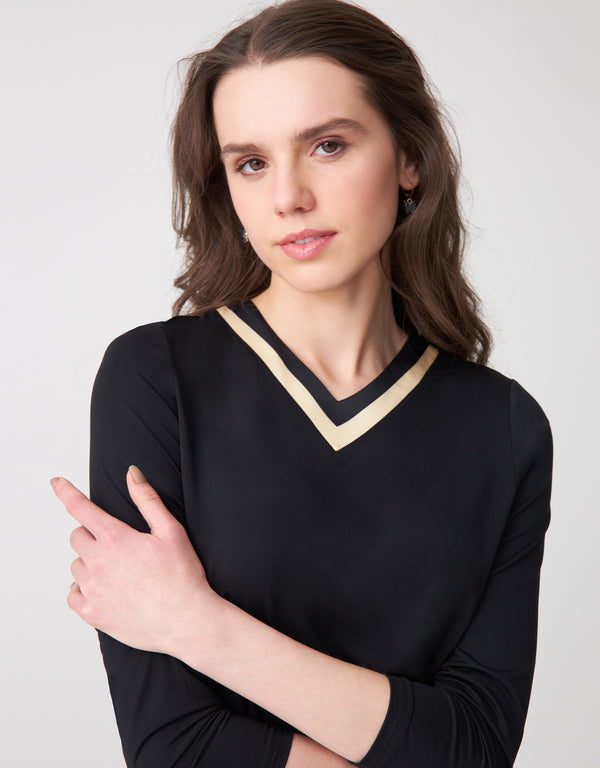 Soft Pajama Legging Set with Satin Trimmed Vneck Black