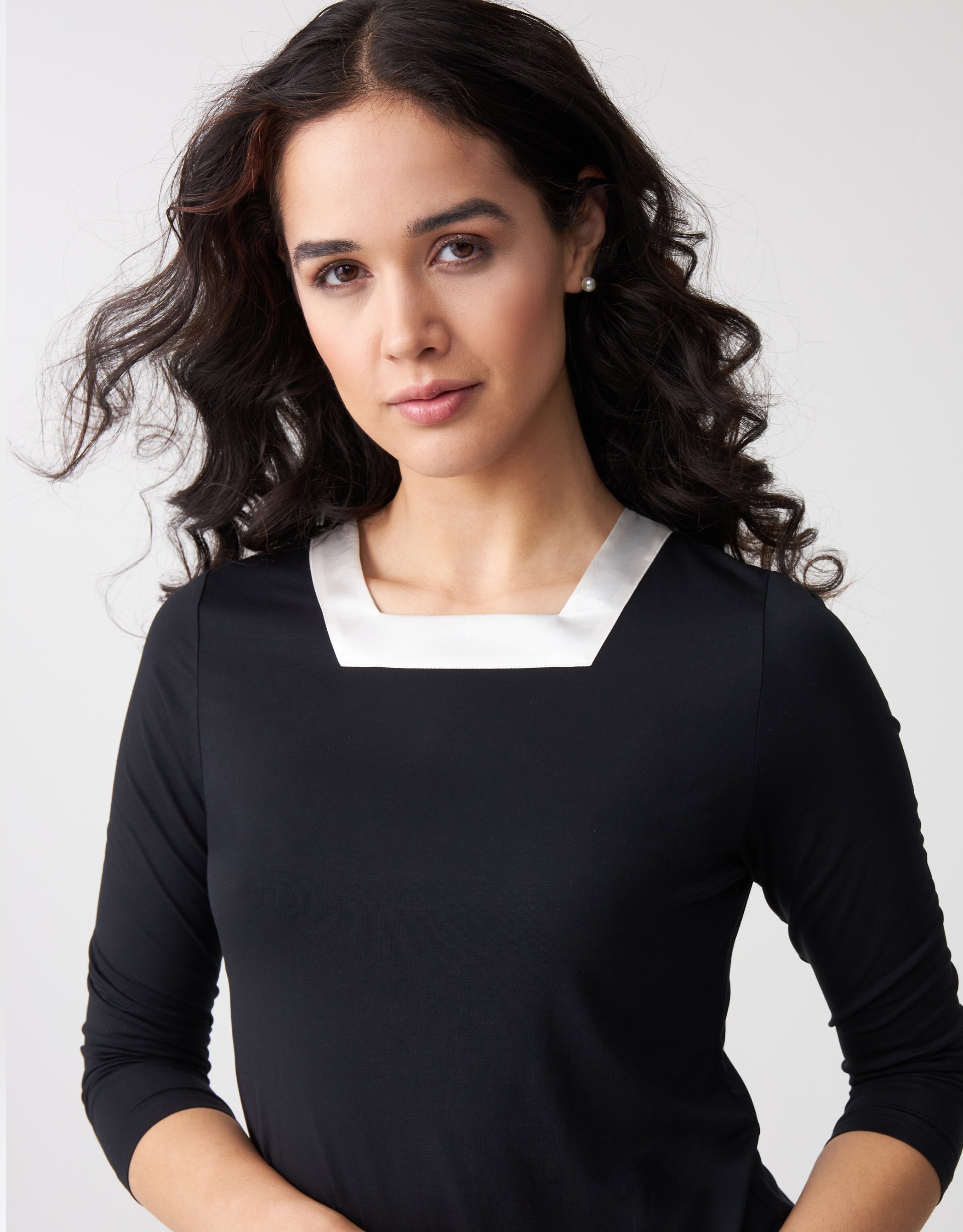 Soft Pajama Legging Set with Square Cut Satin Neckline Black