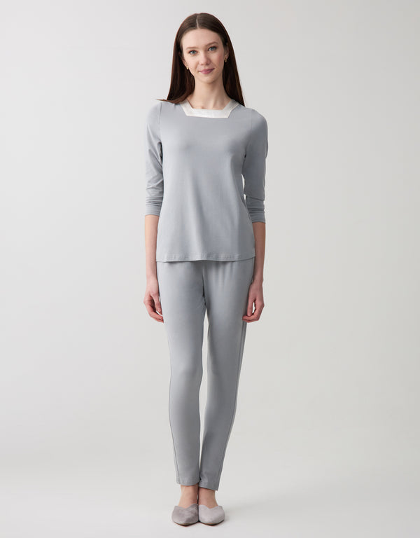 Soft Pajama Legging Set with Square Cut Satin Neckline Gray