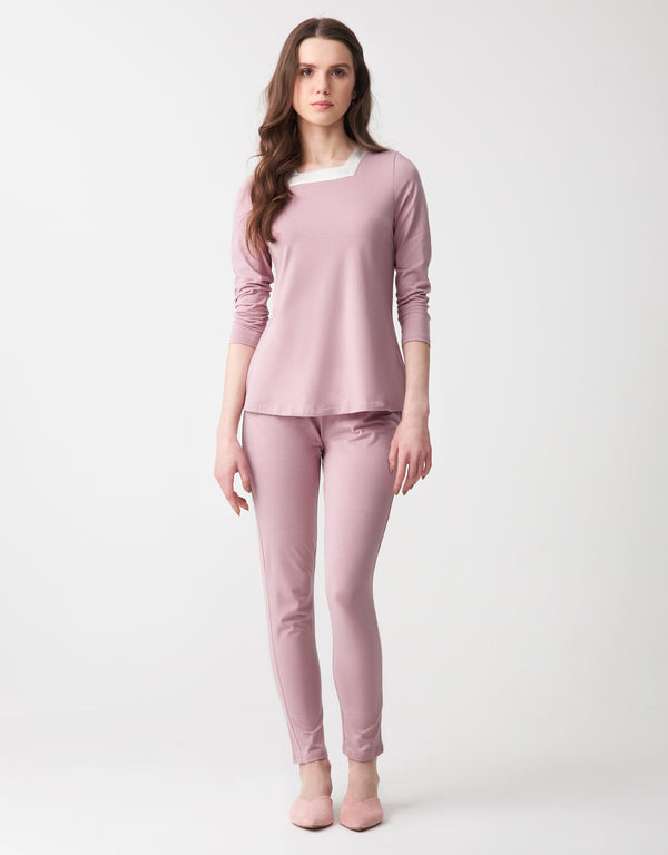 Soft Pajama Legging Set with Square Cut Satin Neckline Mauve
