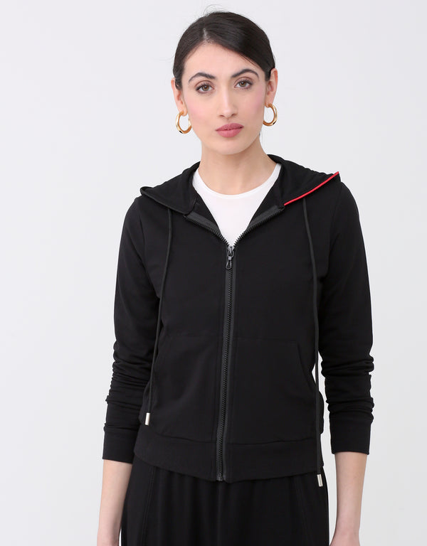 Zippered Kanga Hoodie with Dual Color Accent Hood Black Red