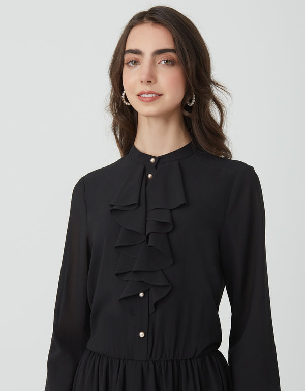 Lined Organza Maxi Dress Shabbos Robes with Pearl Buttons and Ruffle Black