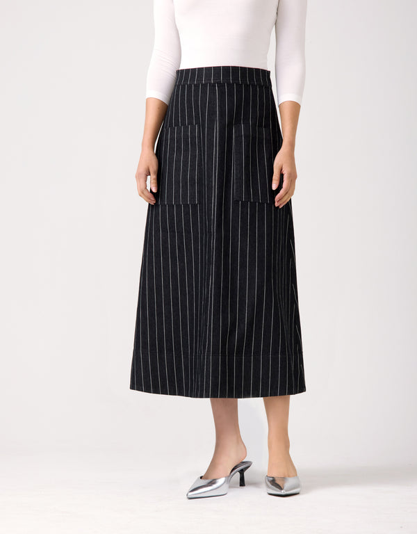 33" Pinstriped Denim Patch Pocket Aline Skirt Black