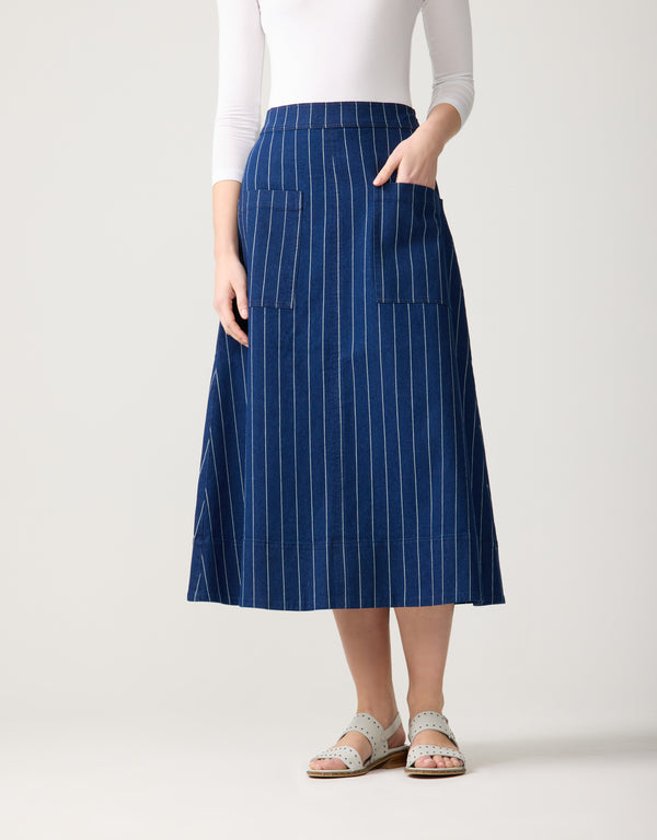 33" Pinstriped Denim Patch Pocket Aline Skirt Blue