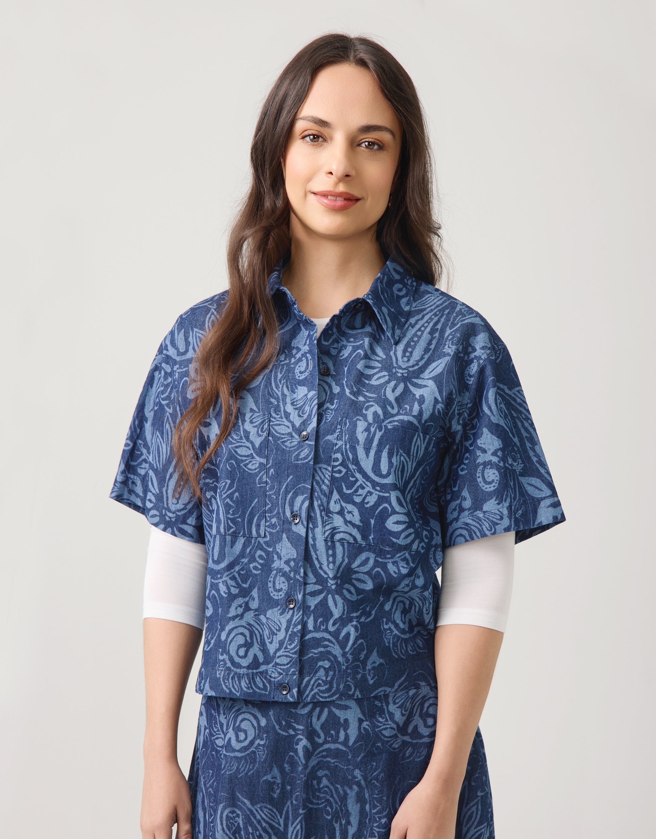 Cropped Denim Button Jacket Paisley Blue