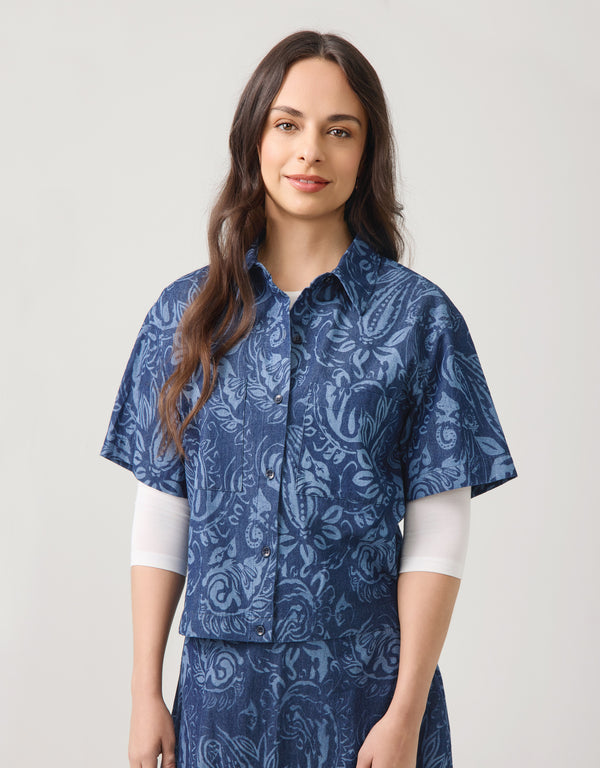 Cropped Denim Button Jacket Paisley Blue