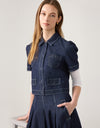 Puff Sleeve Button Bomber Jacket Denim Blue