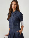 Puff Sleeve Button Bomber Jacket Denim Blue