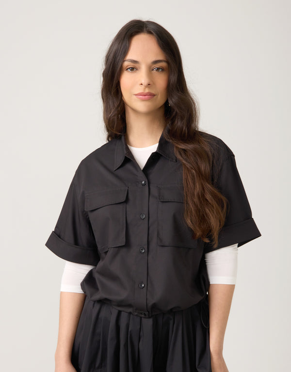Bungee Button Top with Pockets Black