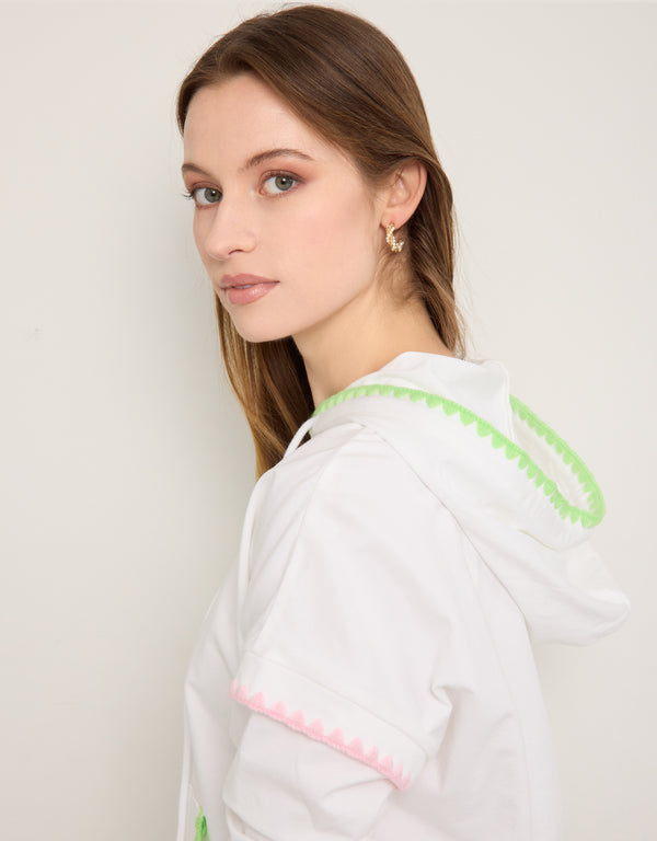 Pull On Hoodie with Crochet Trim Ivory Multi