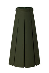 Dark Green 37" Belted Pleated Maxi Skirt