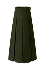 37" Green Plaid Belted Pleated Maxi Skirt