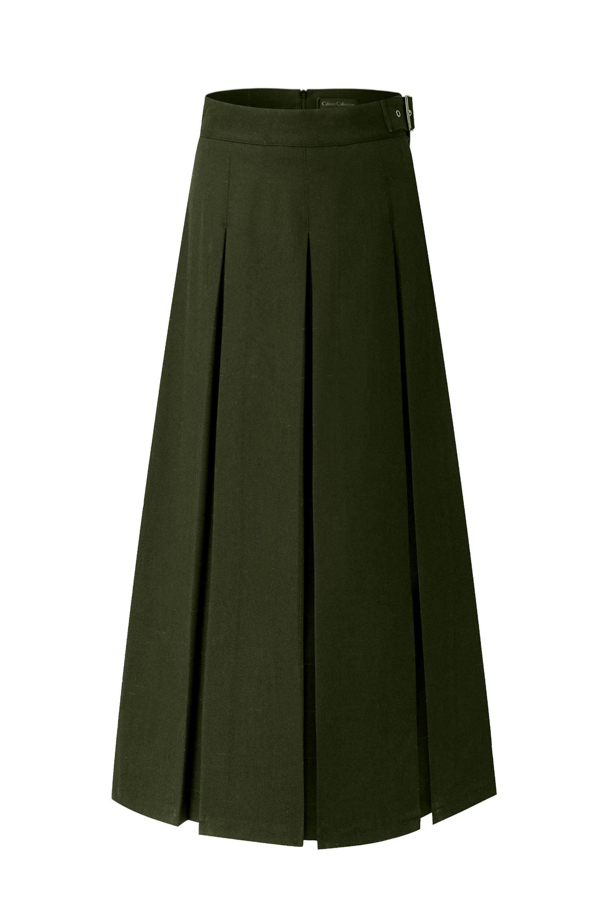 37" Green Plaid Belted Pleated Maxi Skirt