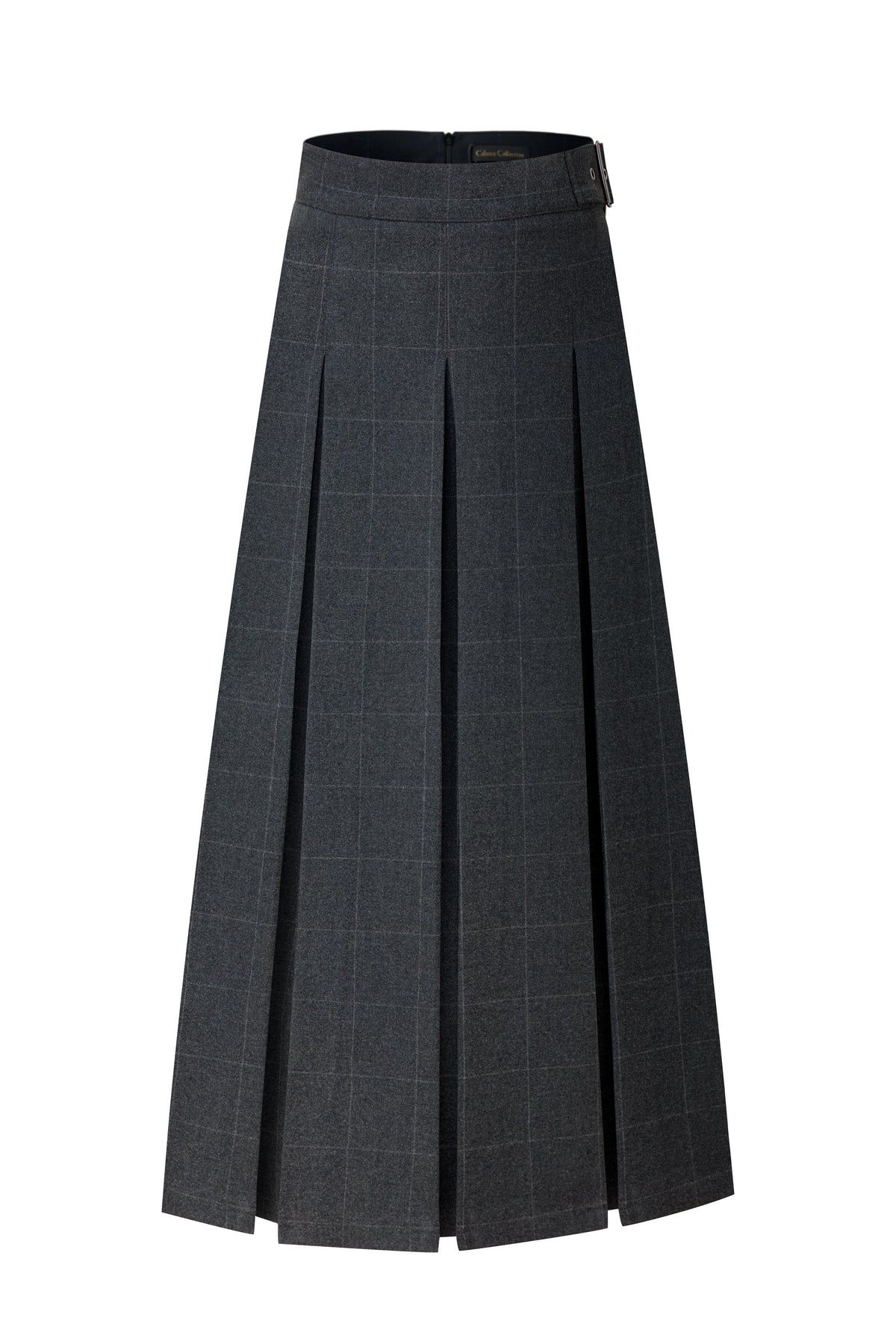 35" Grey Plaid Belted Pleated Maxi Skirt