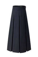 37" Navy Plaid Belted Pleated Maxi Skirt