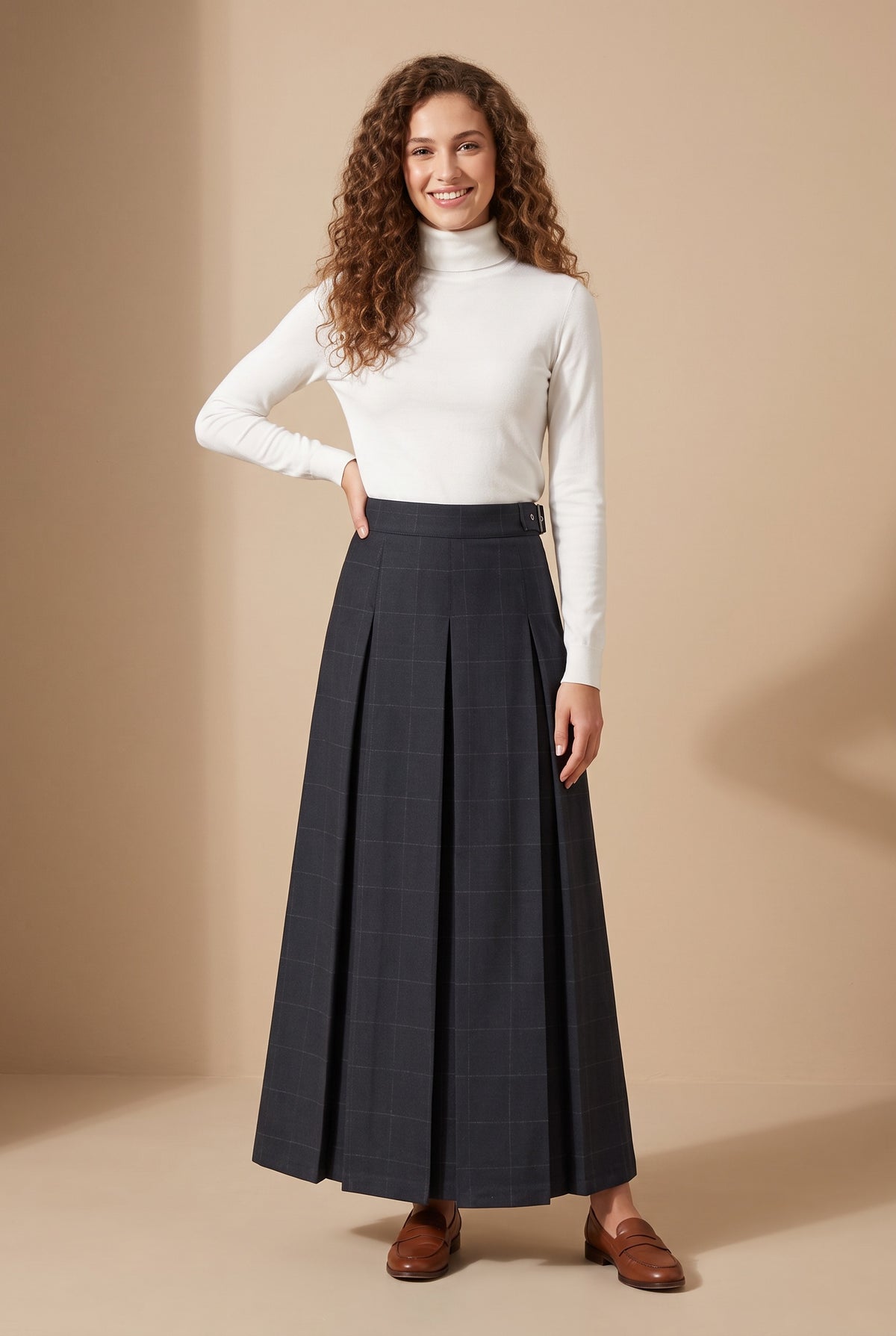 37" Navy Plaid Belted Pleated Maxi Skirt