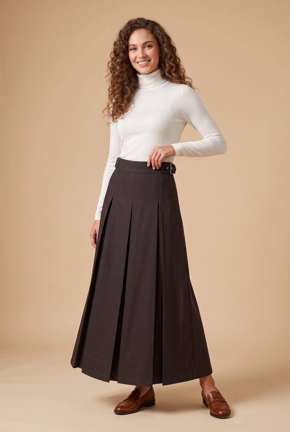 Dark Brown 37"Belted Pleated Maxi Skirt