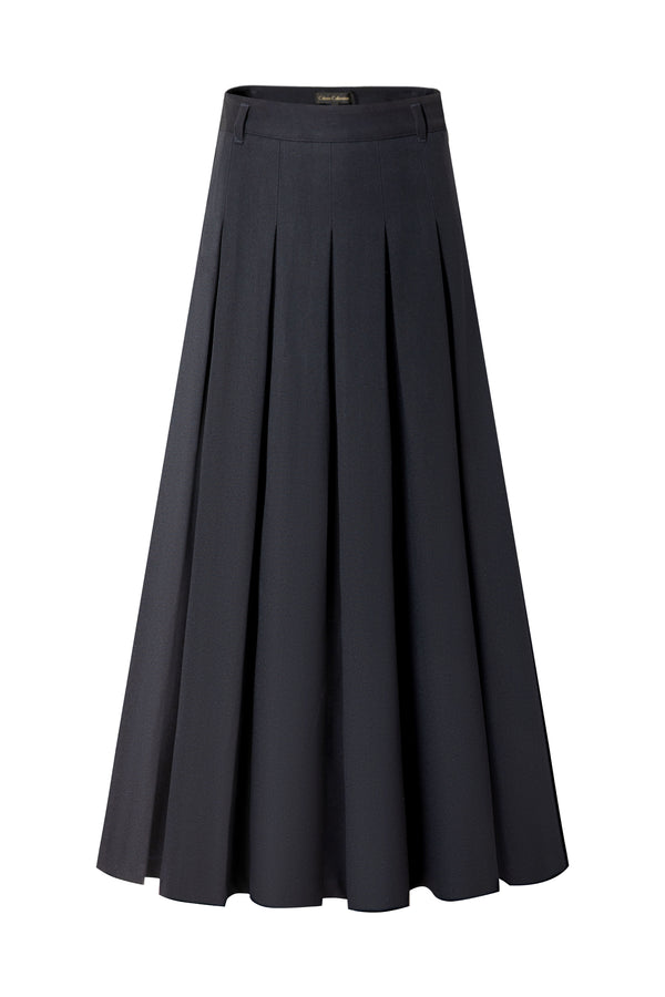 37" Navy Pleated Midi Skirt With Belt Loops