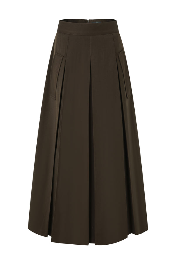 Dark Brown A-Line Midi Skirt With Pockets