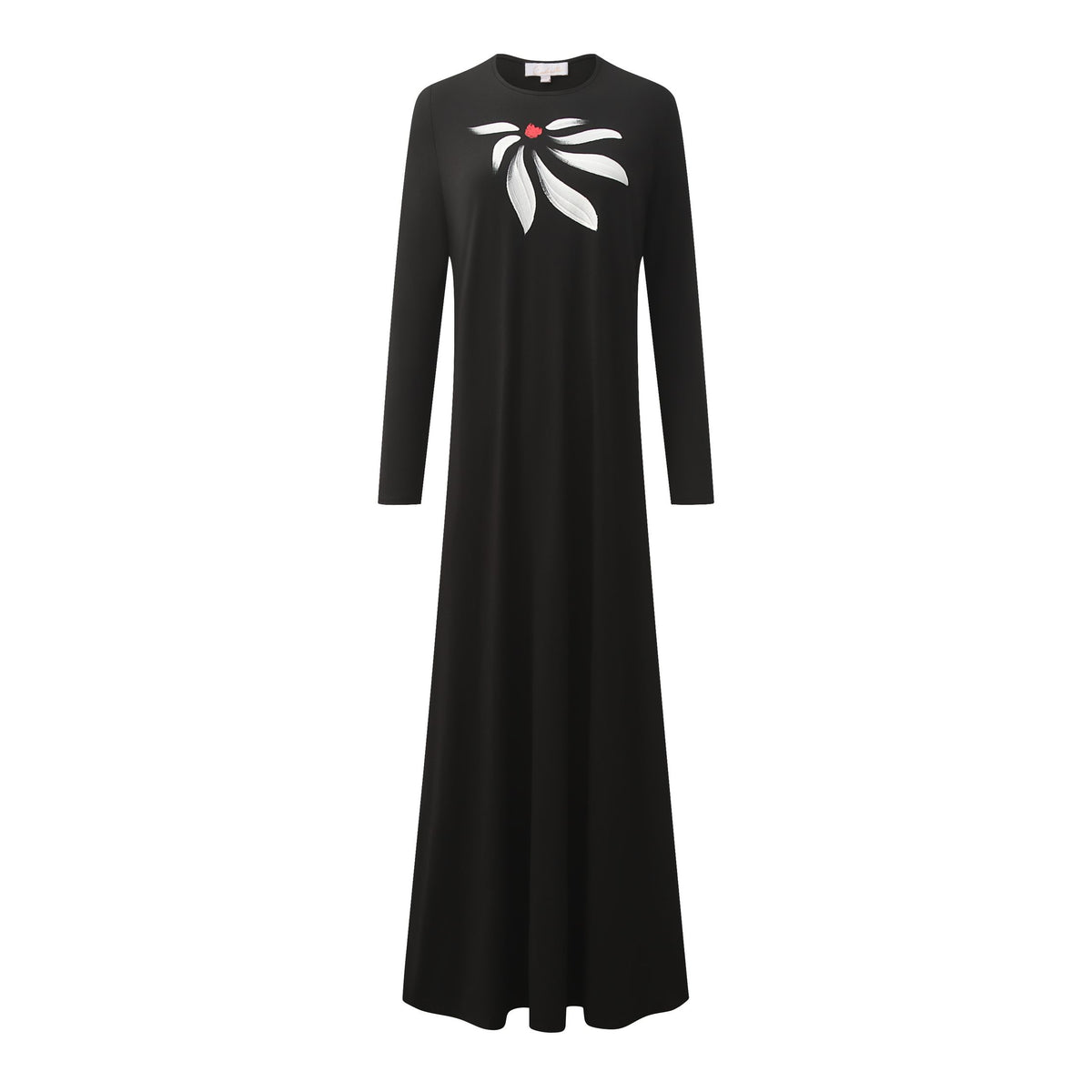 Full-length black nightgown with long sleeves and a white bow motif with red center