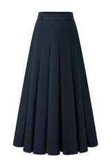 37" Navy Pleated A-Line Midi Skirt