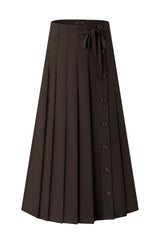 37" Brown Pinstripe Button Detail Pleated Maxi Skirt