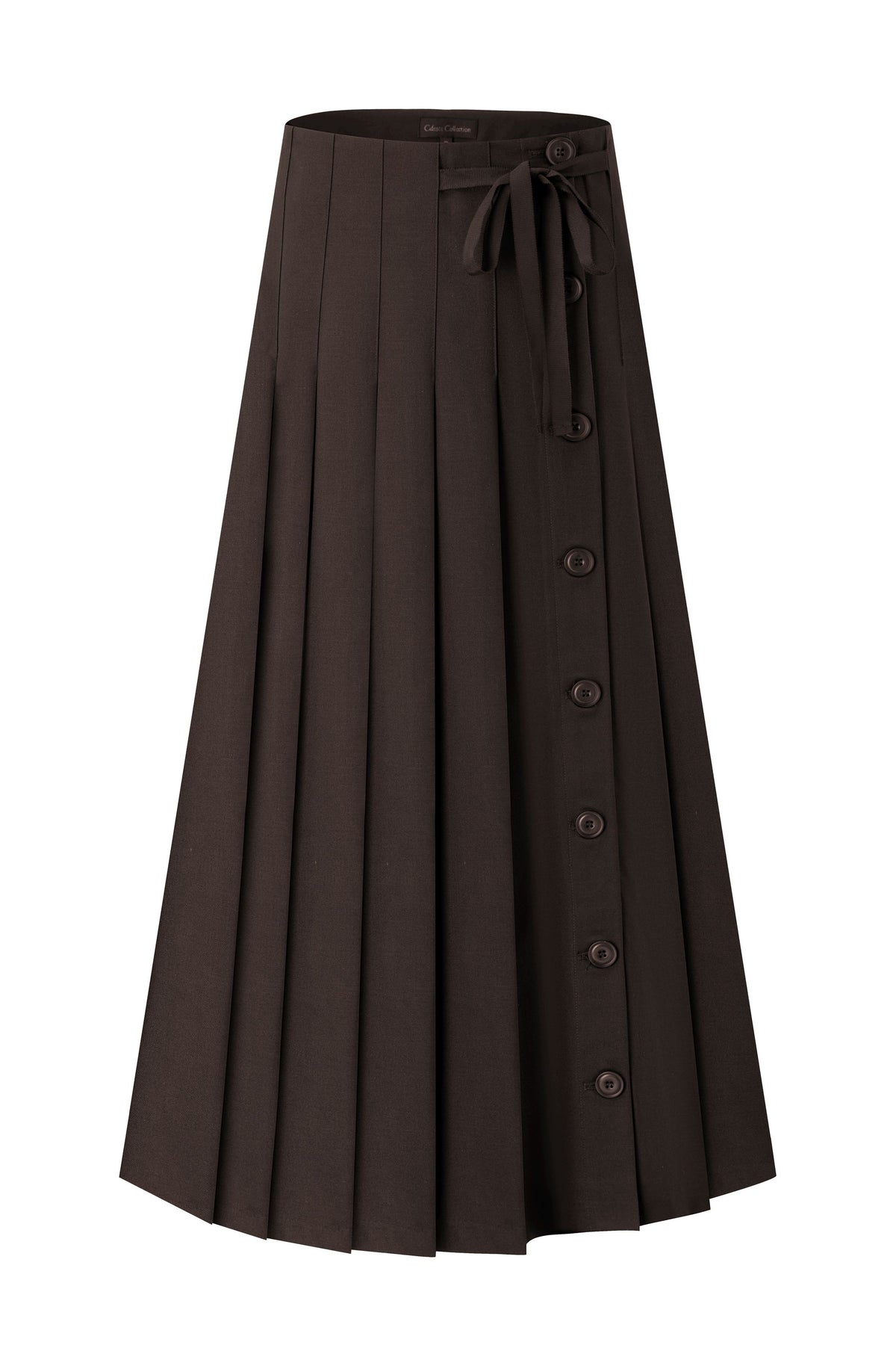 37" Brown Pinstripe Button Detail Pleated Maxi Skirt