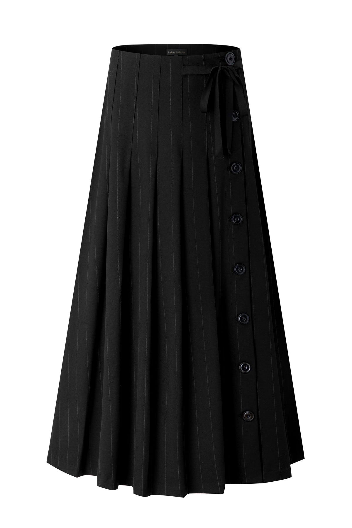 37" Black Pinstripe Button Detail Pleated Maxi Skirt