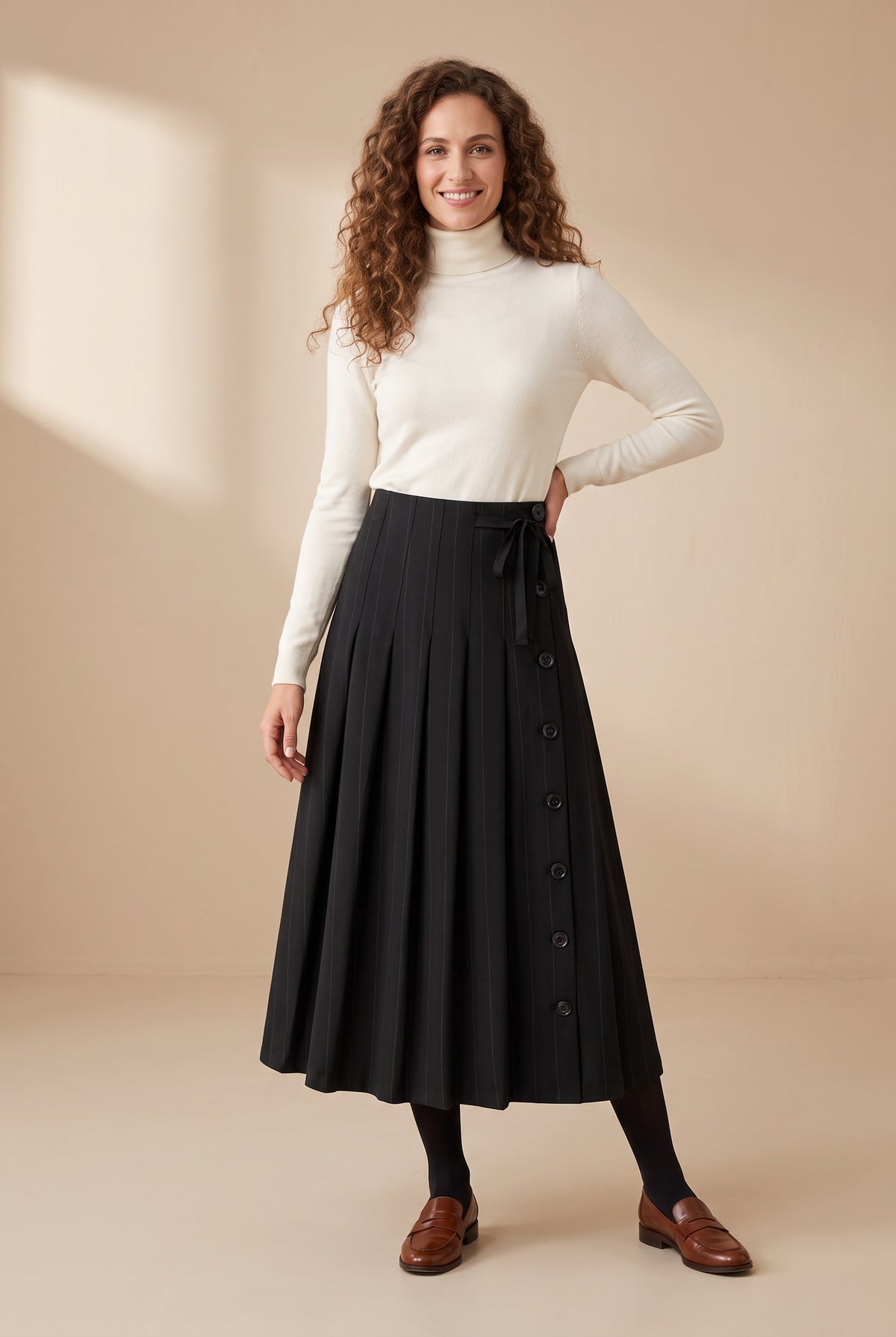 37" Black Pinstripe Button Detail Pleated Maxi Skirt