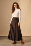 37" Brown Pinstripe Button Detail Pleated Maxi Skirt
