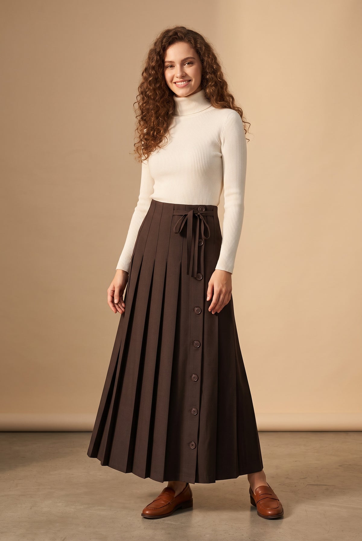 37" Brown Pinstripe Button Detail Pleated Maxi Skirt