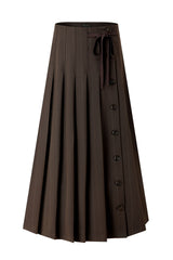 Dark brown pinstripe pleated maxi skirt with front button placket and tie belt