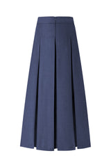 37" Navy Belted Pleated Midi Skirt