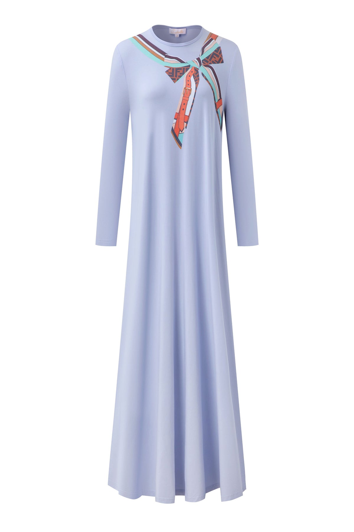 Soft blue long-sleeve nightgown with a colorful scarf-print neckline and flowing floor-length skirt