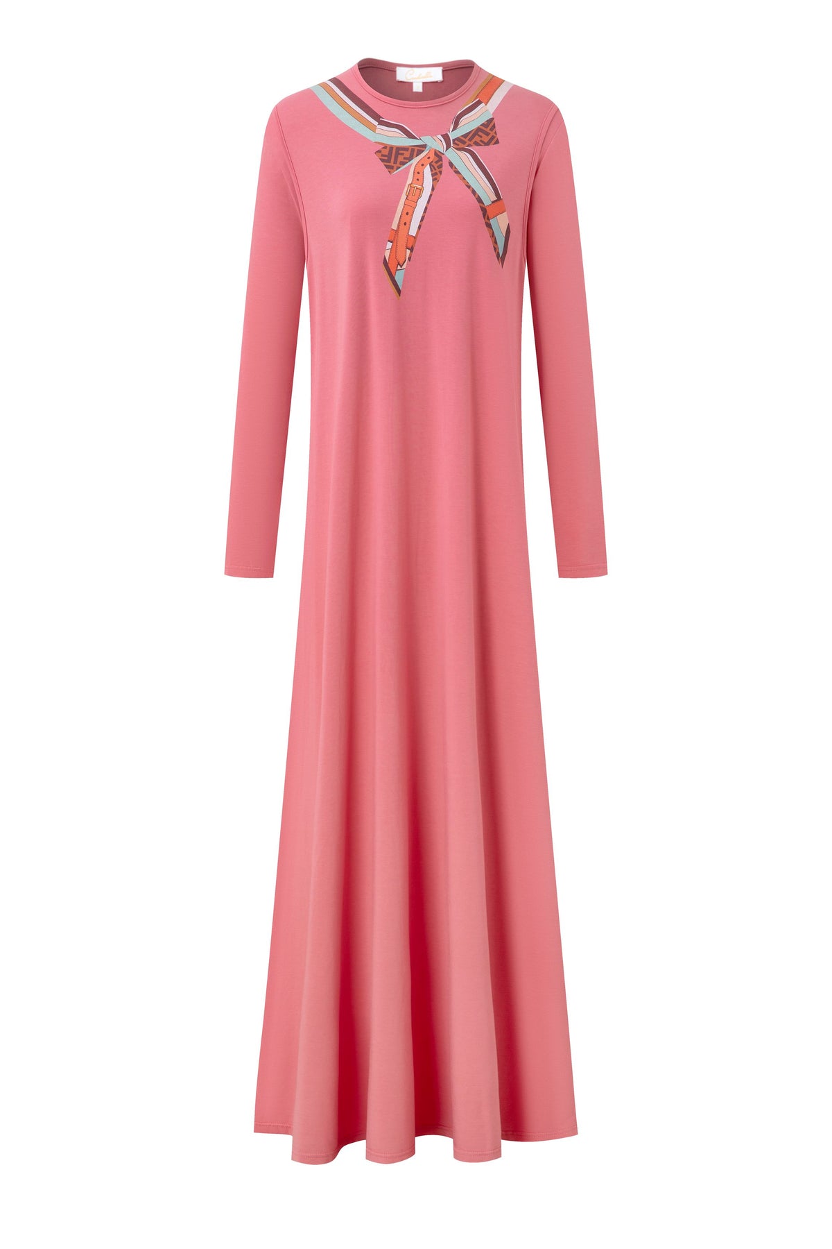 Pink long-sleeve nursing nightgown with a colorful scarf-print bow at the neckline