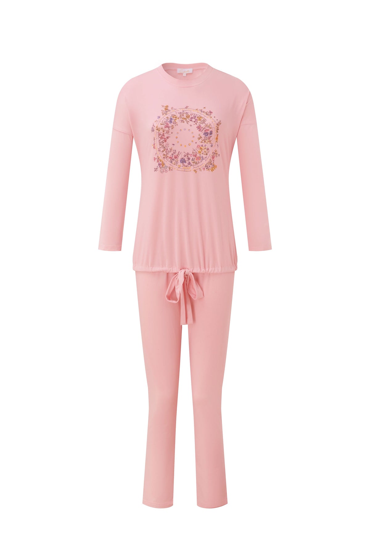 Pink floral medallion pajama set with long-sleeve top and drawstring pants, shown flat