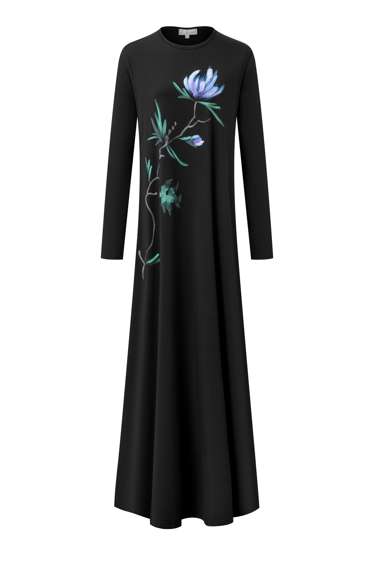 Black nursing nightgown with long sleeves, a flowing floor-length skirt, and a blue floral print.