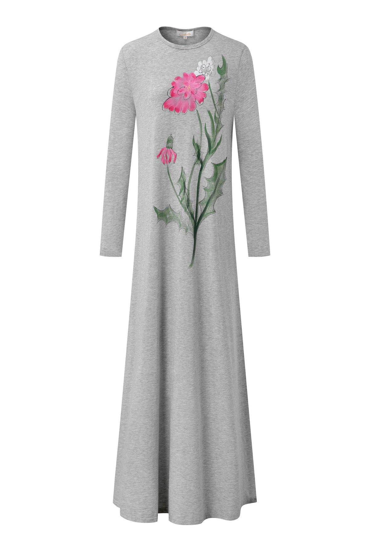 Heather grey long-sleeve nightgown with a pink wildflower and green stems