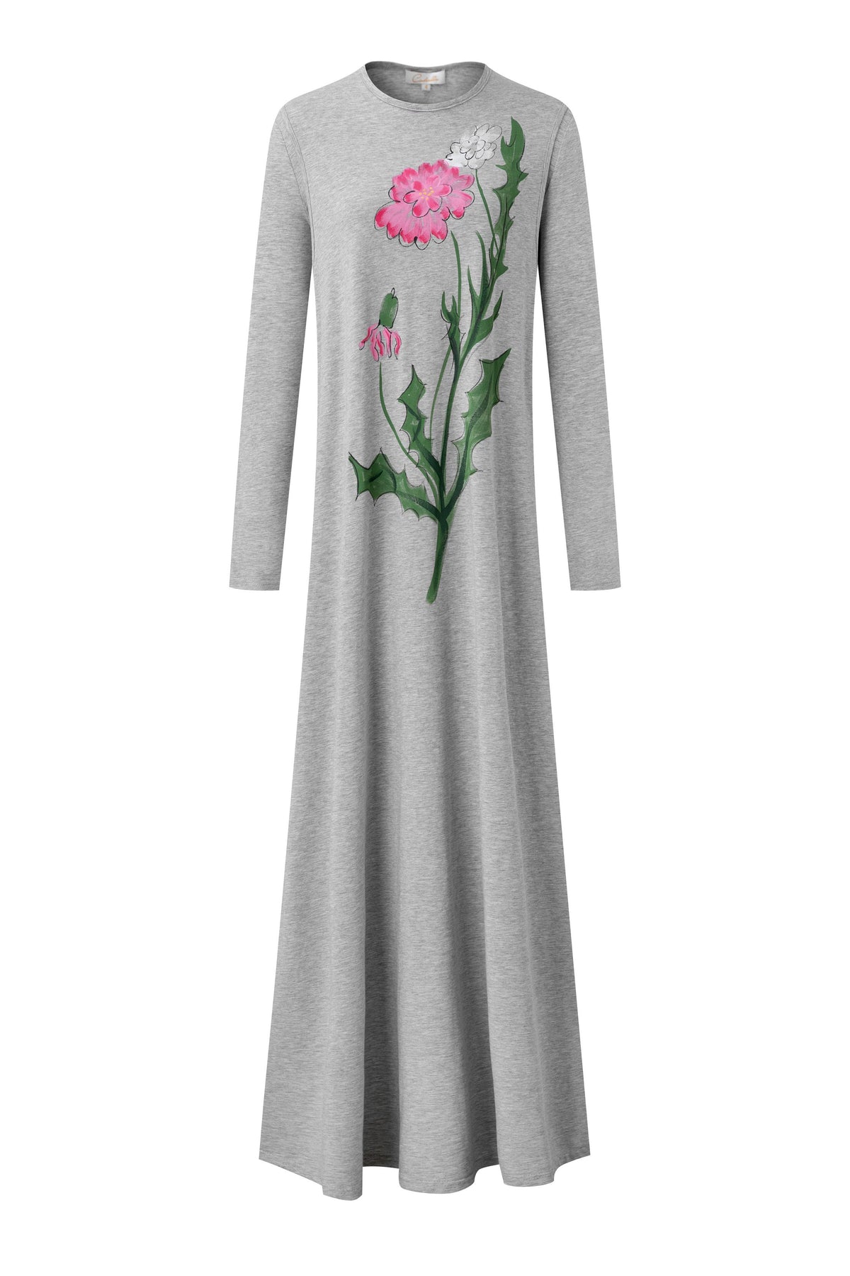 Heather gray nursing nightgown with long sleeves, a floor-length skirt, and pink wildflower print