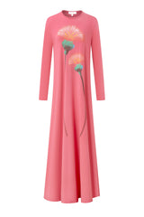 Front view of a pink long-sleeve nightgown with a floor-length skirt and flower print