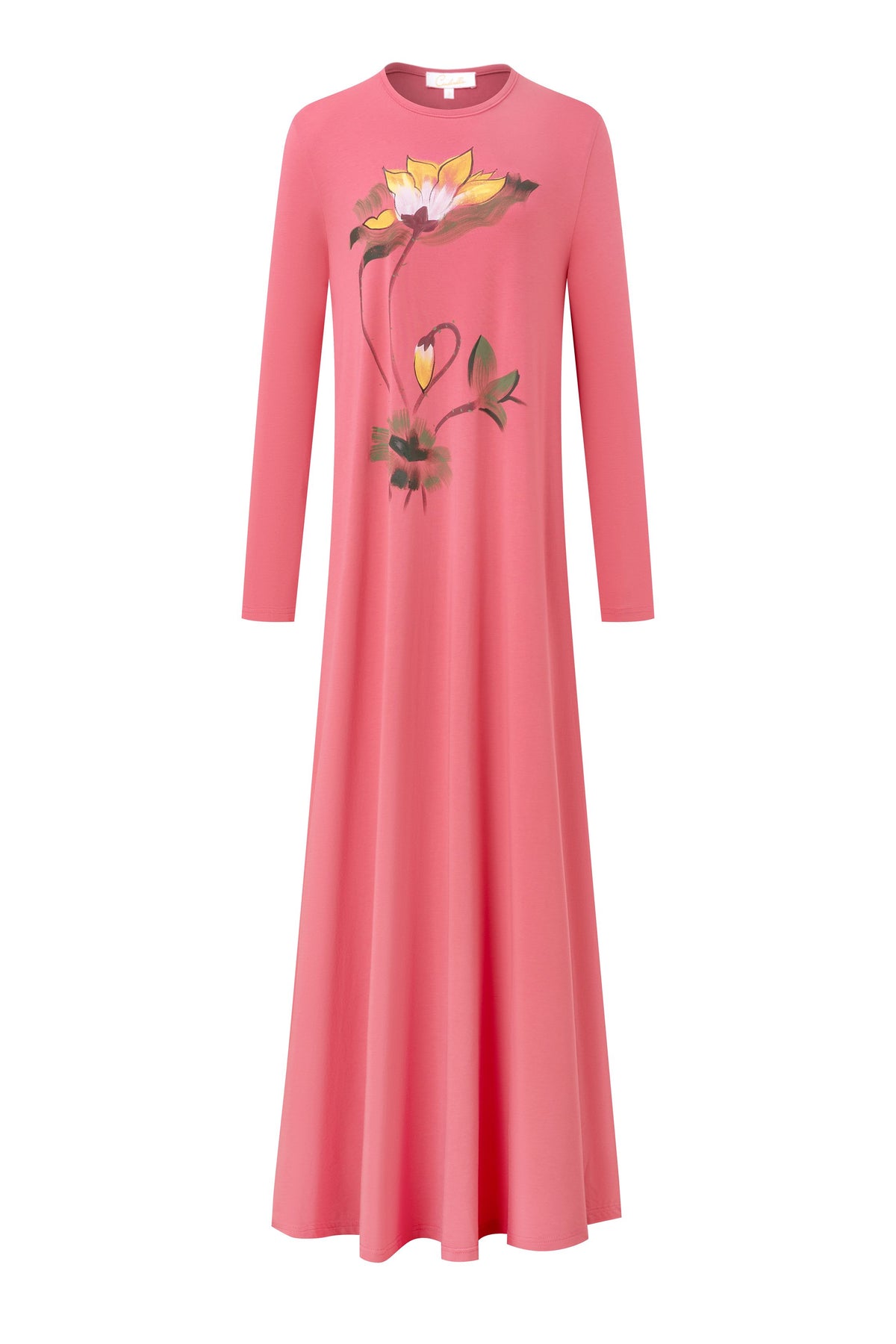 Pink ankle-length nightgown with long sleeves and a floral front print