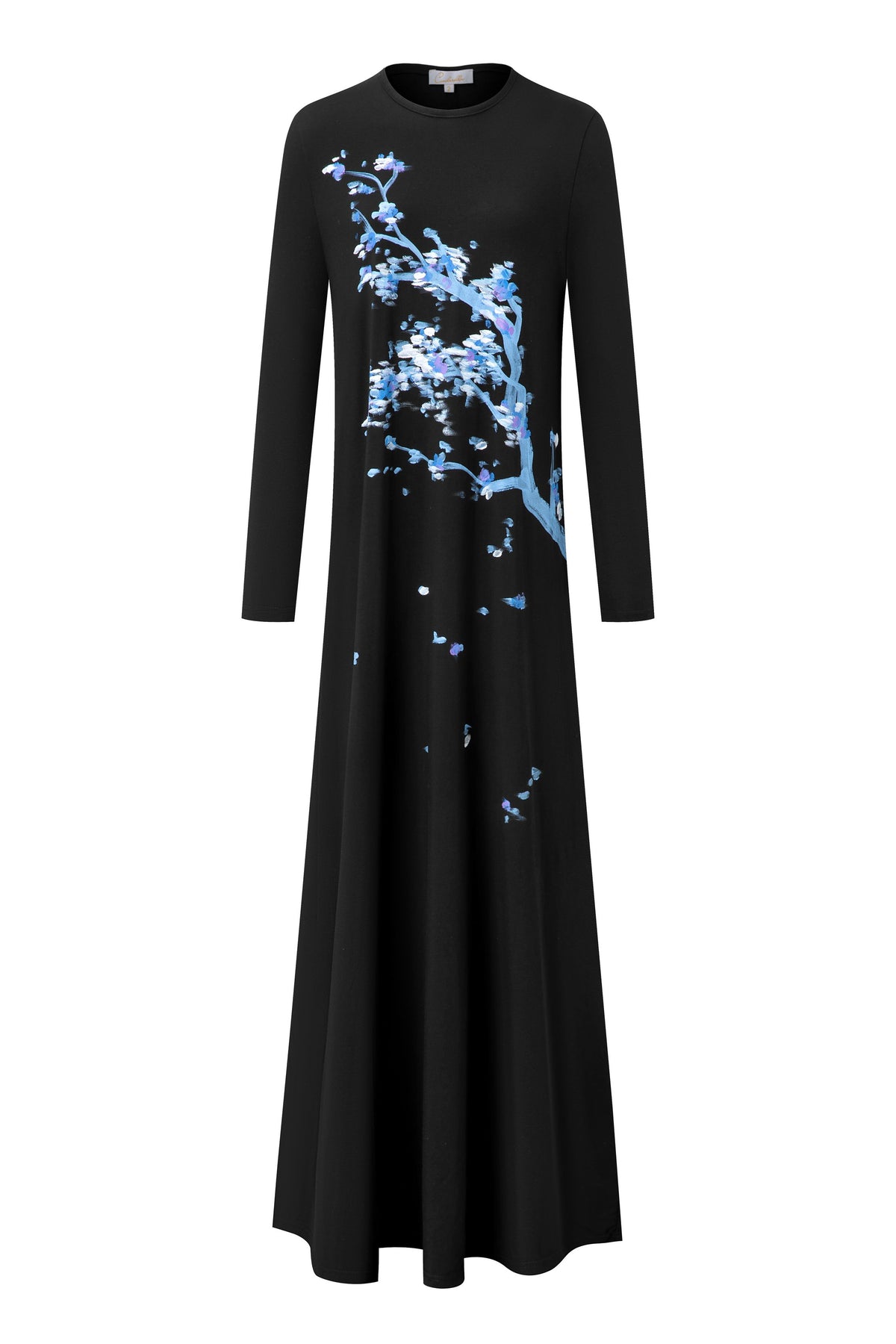 Black long-sleeve nightgown with a floor-length skirt and blue blossom print